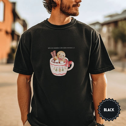 Cocoa Drinking Gingerbread in Mug Black T-Shirt