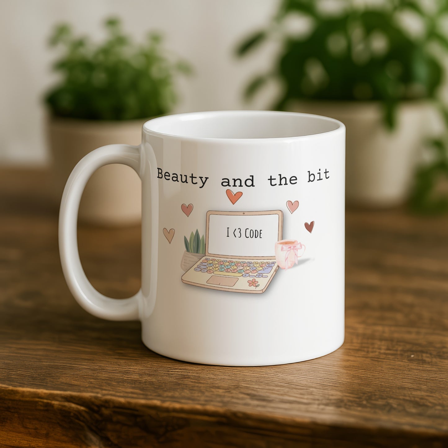 Beauty and the bit I <3 Code text printed mug