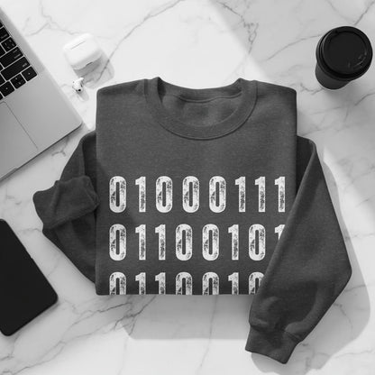 Binary Code Graphic Long Sleeve Sweater for Tech Enthusiasts