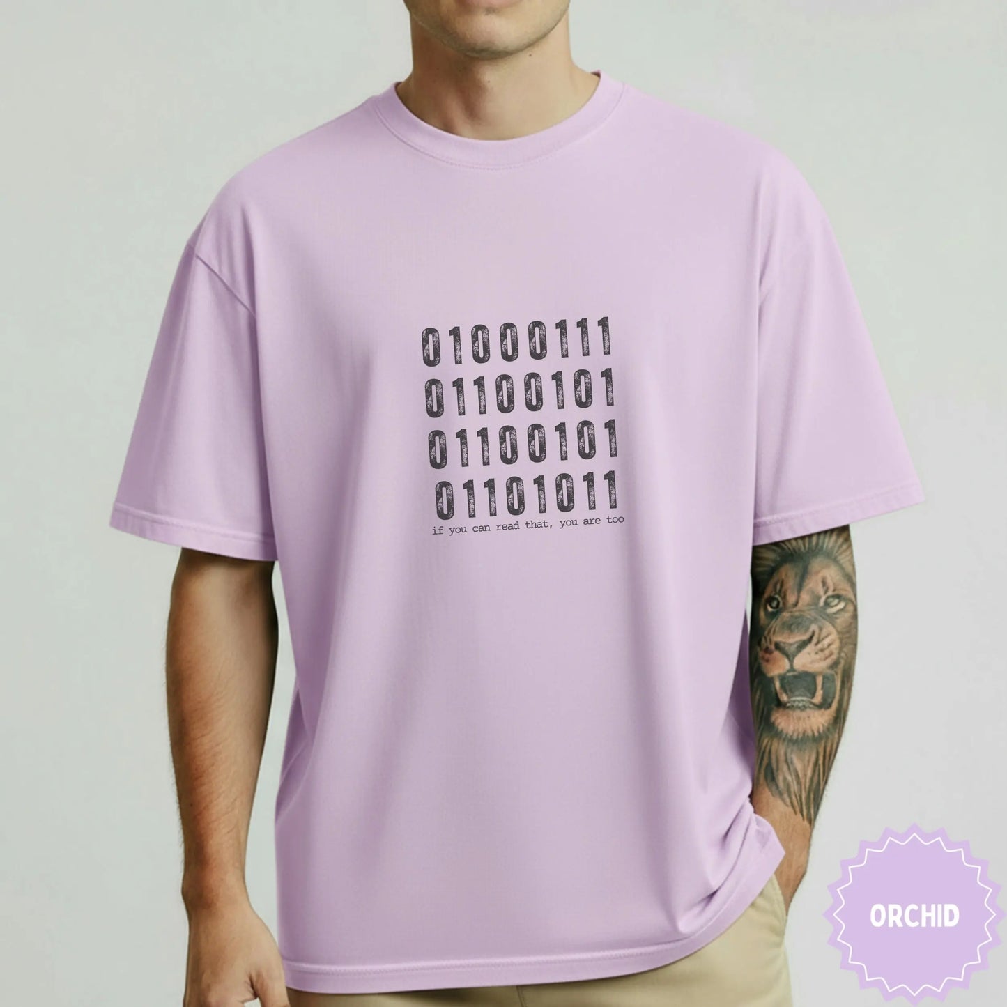 Binary Code Graphic Orchid T-Shirt with Lion Tattoo Art