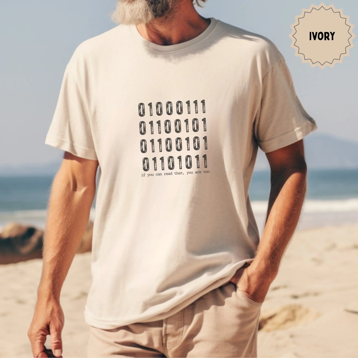 Ivory T-shirt with Binary Code Print for Tech Enthusiasts
