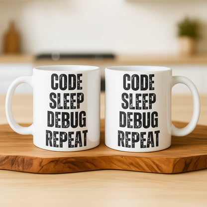 Code Sleep Debug Repeat White Coffee Mug Product