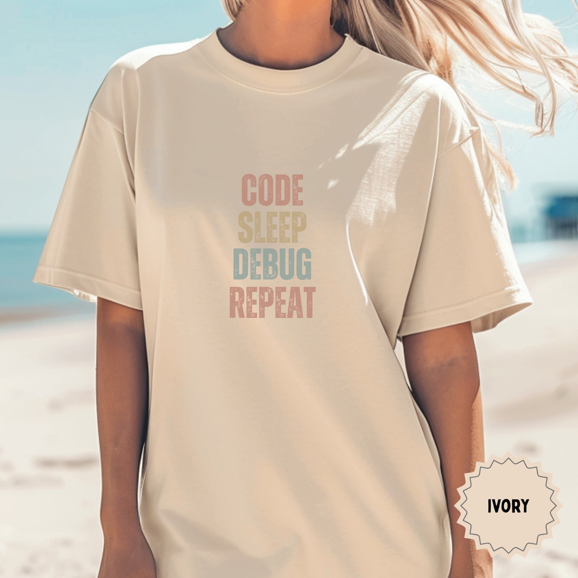 Code Sleep Debug Repeat Ivory T-shirt for Tech Enthusiasts