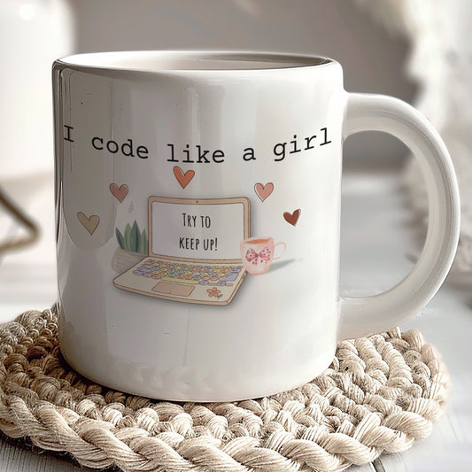 I Code Like A Girl Mug with Fun Laptop and Hearts Design